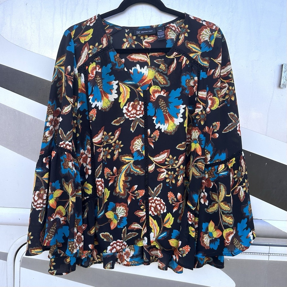INC Flowy Bohemian Blouse Sz XL Petite Bell Sleeve Top Black Blue Yellow‎ Floral